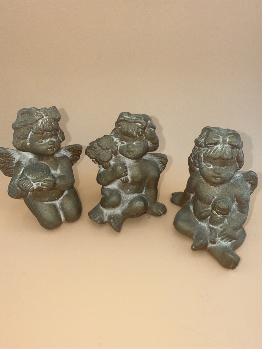 VTG Faux Brass Cherub Angel Shelf Sitters Set Of 3 Small Figurines Decor
